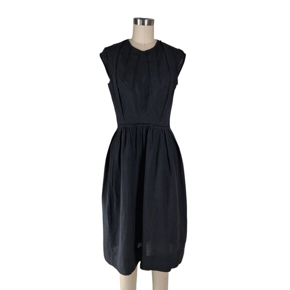 Gary Graham Black Silk Linen Dress Geometric Pleating Crew Neck SZ 2 Avant Garde - Picture 2 of 10